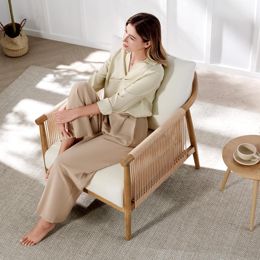 CHITA Braid Accent Chair Set of 2, Wood Frame and Paper-Cord Armrest, Cream