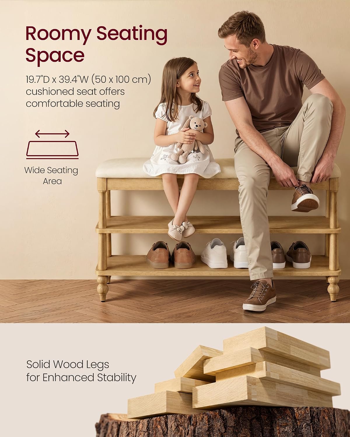 VASAGLE 2-Tier Shoe Bench, Wooden Entryway Bench, 39.4 Inches Width