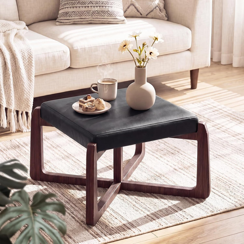 Faux Leather Square Coffee Table Ottoman,24" Coffee Table for Living Room Ottoman,Ash Wood Living Room Table (Black)