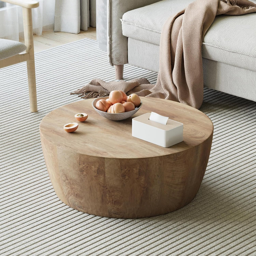 Drum Coffee Table, Modern Industrial Wooden 29.53" W x 11.81" H Round Coffee Table, Natural Wood Circle Center Table Cocktail Tea Accent Table for Living Room Apartment No Assemble
