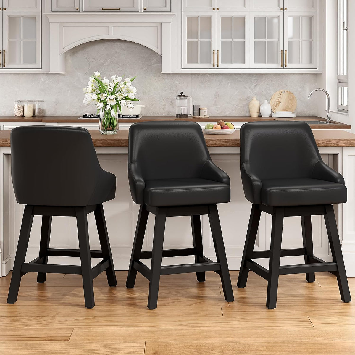 REONEY Swivel Bar Stools Set of 3, 24" Upholstered Counter Height Barstool