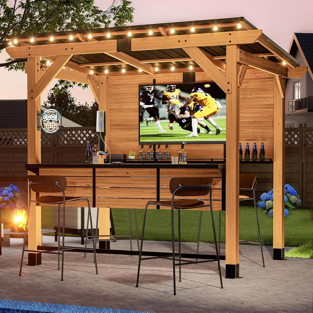 6x8FT Cedar Wood Outdoor Bar Gazebo with Built-in Power Outlet & TV Mount | Sloping Metal Roof Cantina Gazebo Bar with Metal Bar Counter, Footrest & Bottle Opener for Patio Backyard Entertainment