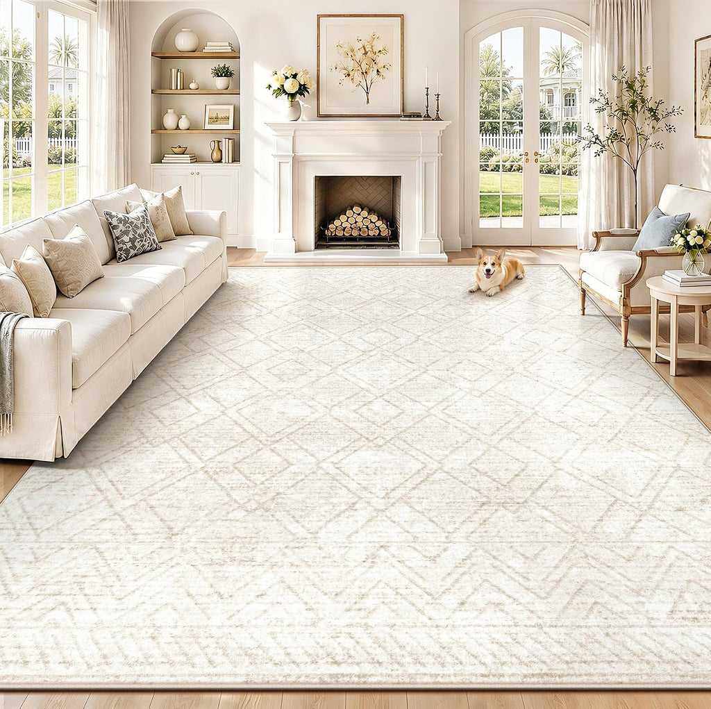 Area Rugs 8x10 Living Room Rug: Washable Geometric Neutral Rugs Boho Modern Non Slip Area Rug Large Soft Indoor Floor Low Pile Carpet for Bedroom Dining Room Home Office (Beige, 8'x10')