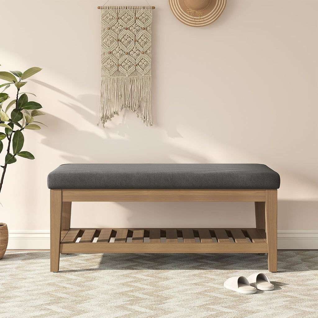 Apicizon 45" Shoe Rack Bench with Upholstered Cushion, Solid Rubberwood Entryway Shoe Bench, Modern Chenille Ottoman Bench with Storage for Hallway Bedroom Living Room Front Door Entrance, Dark Gray