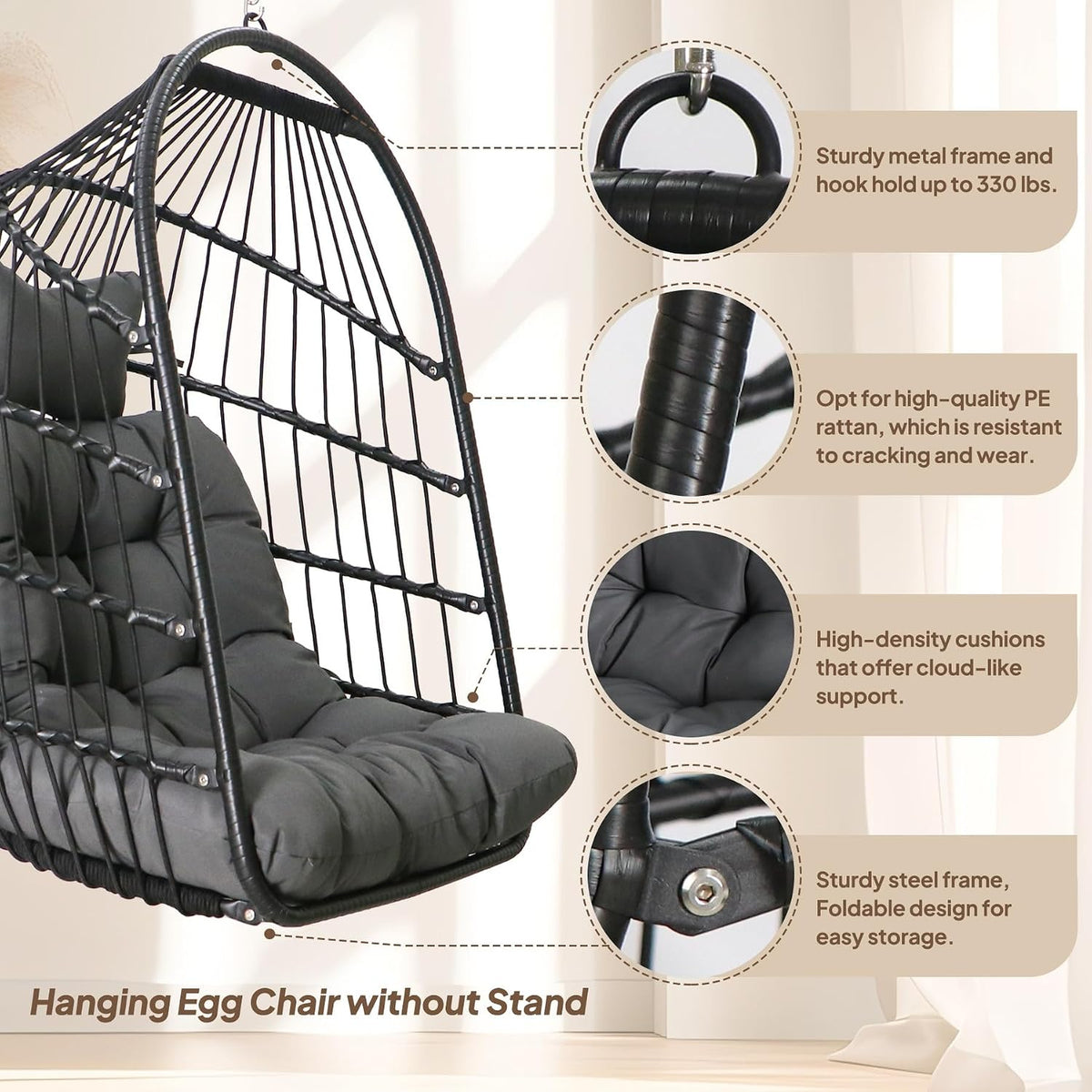 chihee egg chair foldable wicker rattan hanging swing, side view