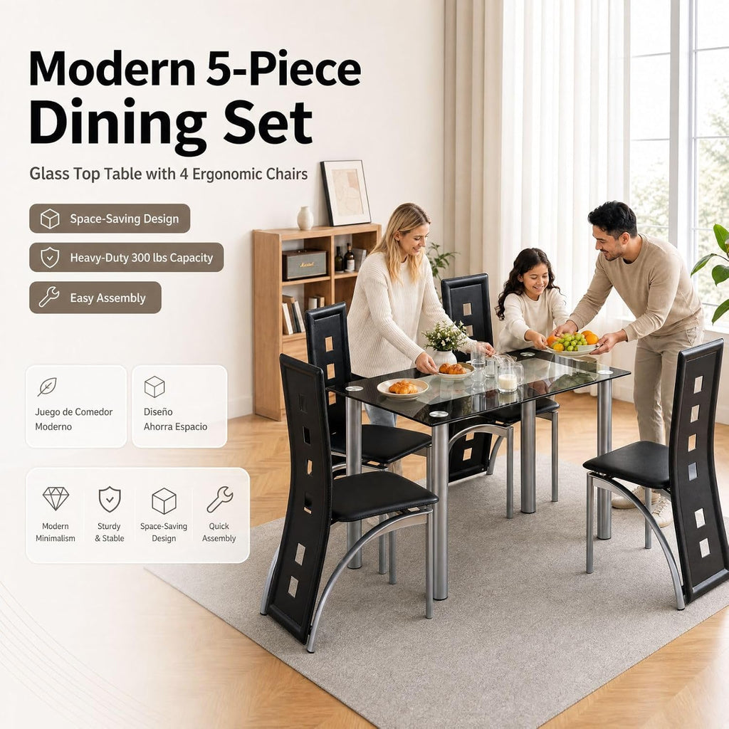 Karl home 5-Piece Dining Table Set, W/ 4 PVC Chairs & Glass Dining Table