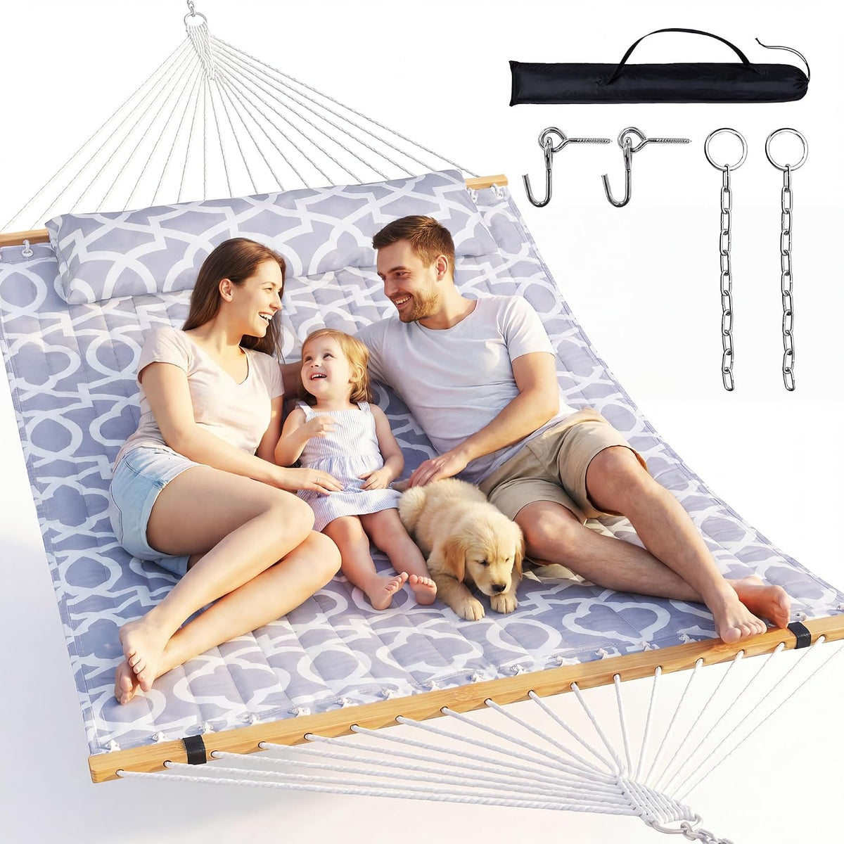 Everyfun 2Person Quilted Hammock with SpreaderBar, 500lbCapacity, WhiteGray