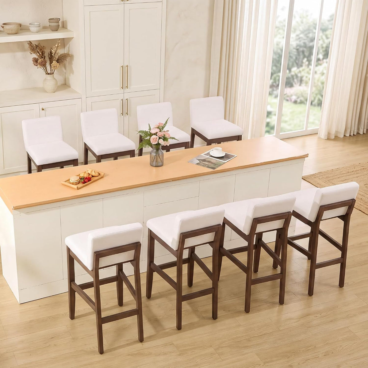 Bar Stools Set of 2, Counter Height Bar Stools with Backs, Comfortable Linen Upholstered Farmhouse Kitchen Island Stools, Barstools for Home Bar & Kitchen Counter, Beige