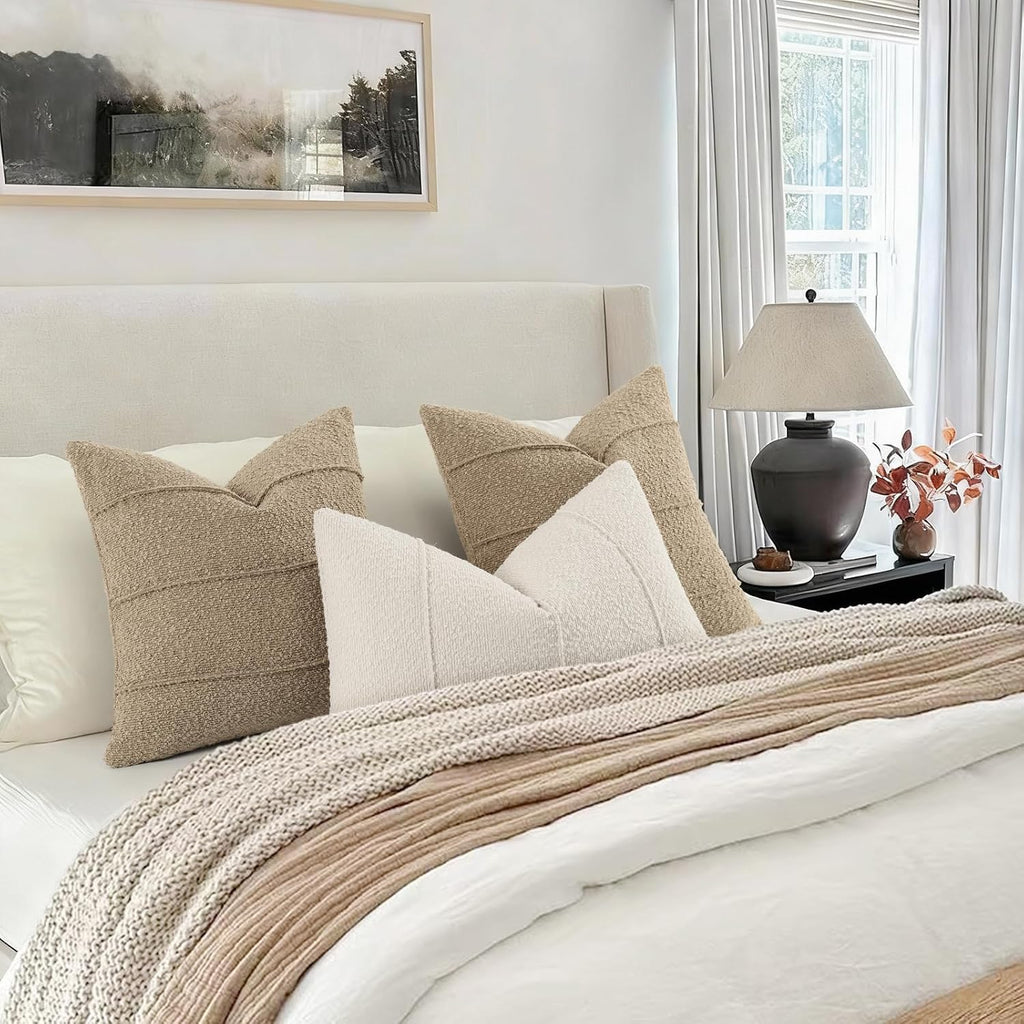 YCOLL Textured Boucle Throw Pillow Covers 24x24 Pack of 2 - Soft Neutral Striped Cushion Covers, Cozy Accent Decorative Pillow Covers for Couch, Sofa, Bed, Living Room (Taup)