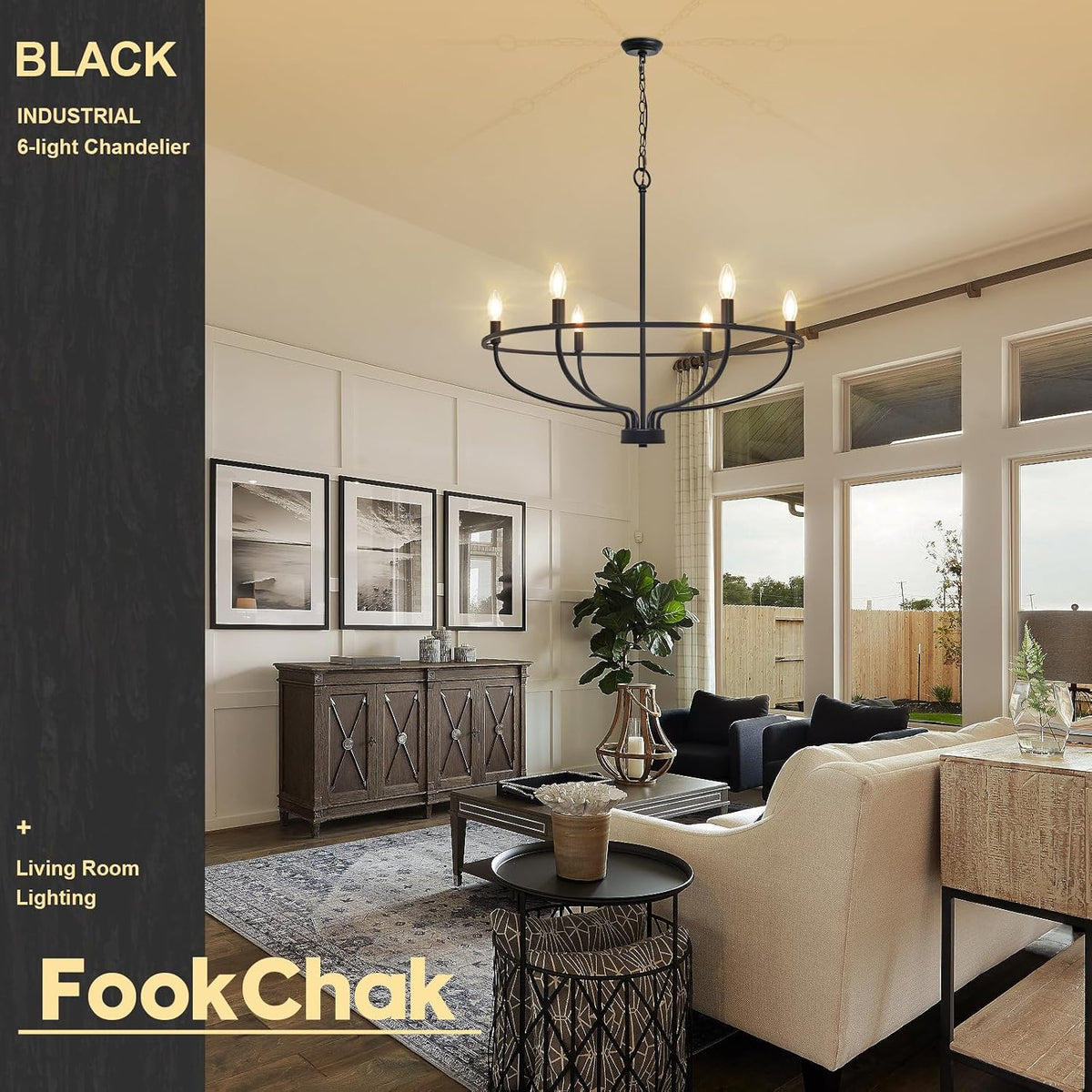 black farmhouse chandelier, 6-light dining room light fixture on a desk or shelf
