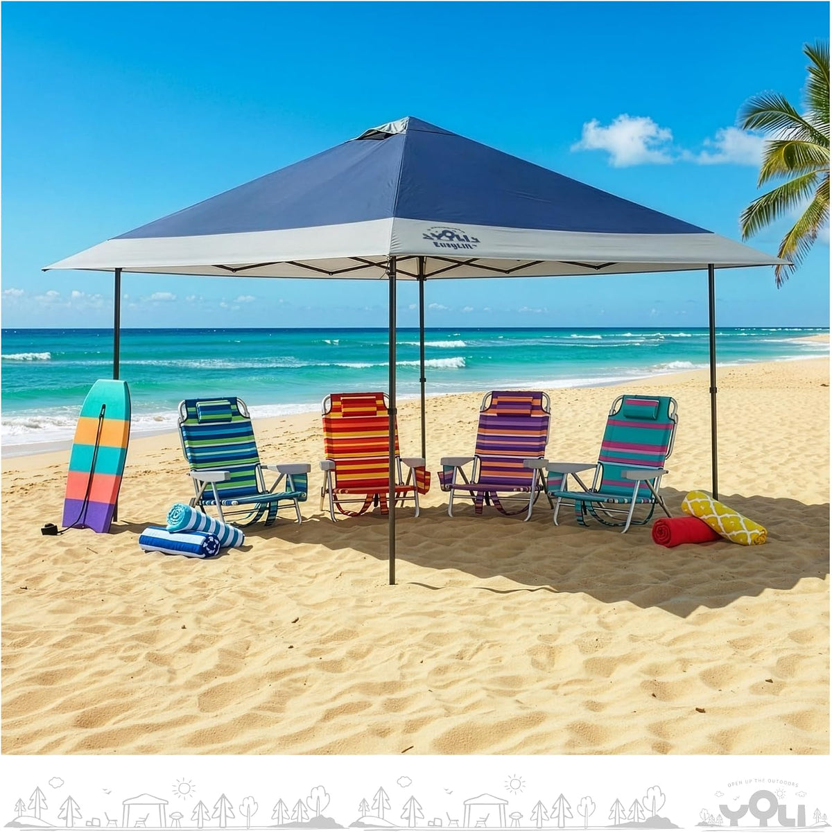 YOLI Forum EasyLift 169 Instant Pop Up Canopy, 13x13 Top on 10x10 Base, Aluminum Backed Vented Shelter, Patio and Hot Tub Cover - Blue & Beige