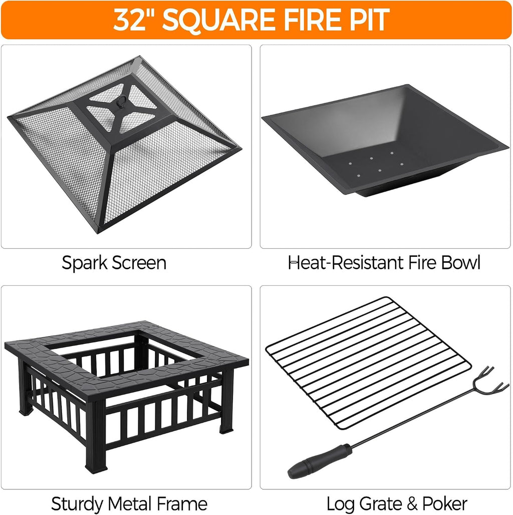 Yaheetech Multifunctional Fire Pit Table 32in Square Metal Firepit Stove