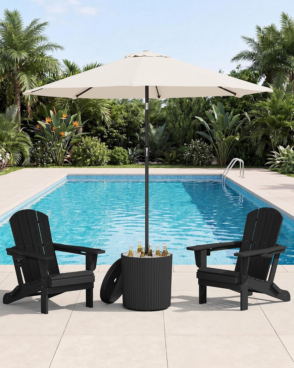 SERWALL Outdoor Round Umbrella Side Table,3-in-1 Multi-Functional Use,Black