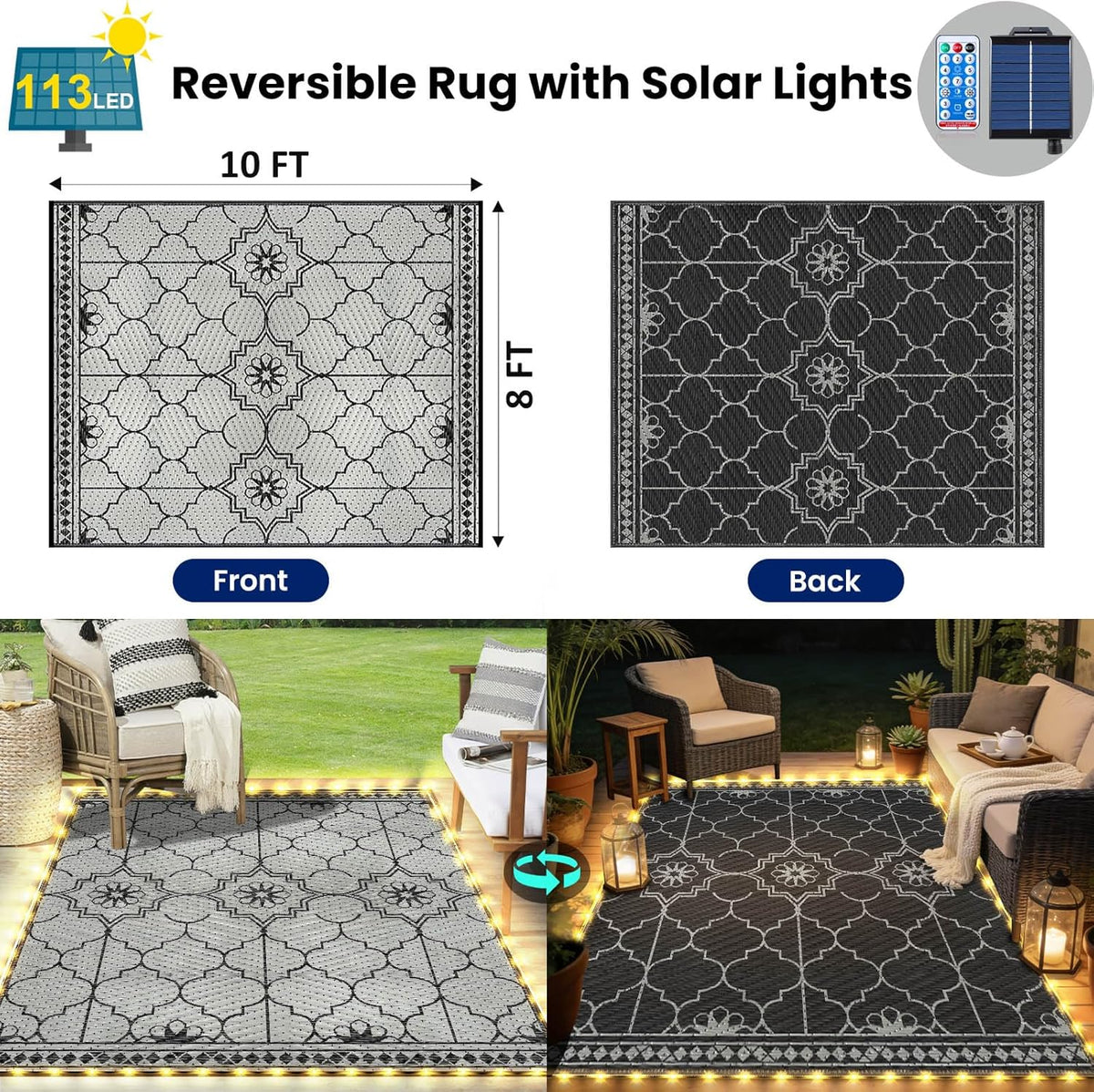 8x10Ft Outdoor Rug, Solar Powered Outdoor Rug with 113LEDs Strip Lights for House Deck, Waterproof Plastic Reversible Outdoor Straw Rugs, Rugs RV Camping Patio Courtyard Beach Picnic(Black Gray)