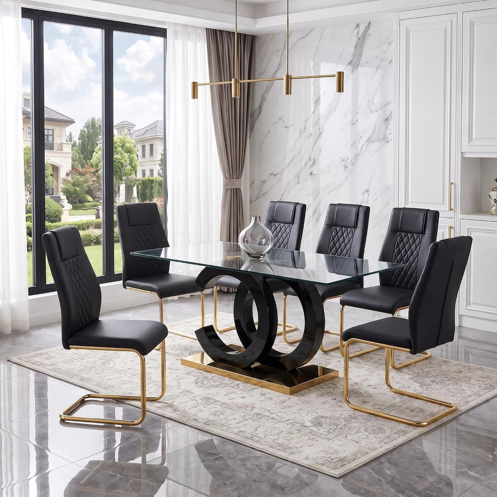 Ebullient Modern Dining Table Set for 6 ，7 Piece Dining Table Chairs Set for 6,Glass Table Top and Gold Base，Rectangular Dining Room Table with 6 Black PU Leather Upholstered Dining Chairs for Kitchen
