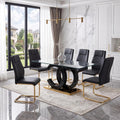 Ebullient Modern Dining Table Set for 6 ，7 Piece Dining Table Chairs Set for 6,Glass Table Top and Gold Base，Rectangular Dining Room Table with 6 Black PU Leather Upholstered Dining Chairs for Kitchen