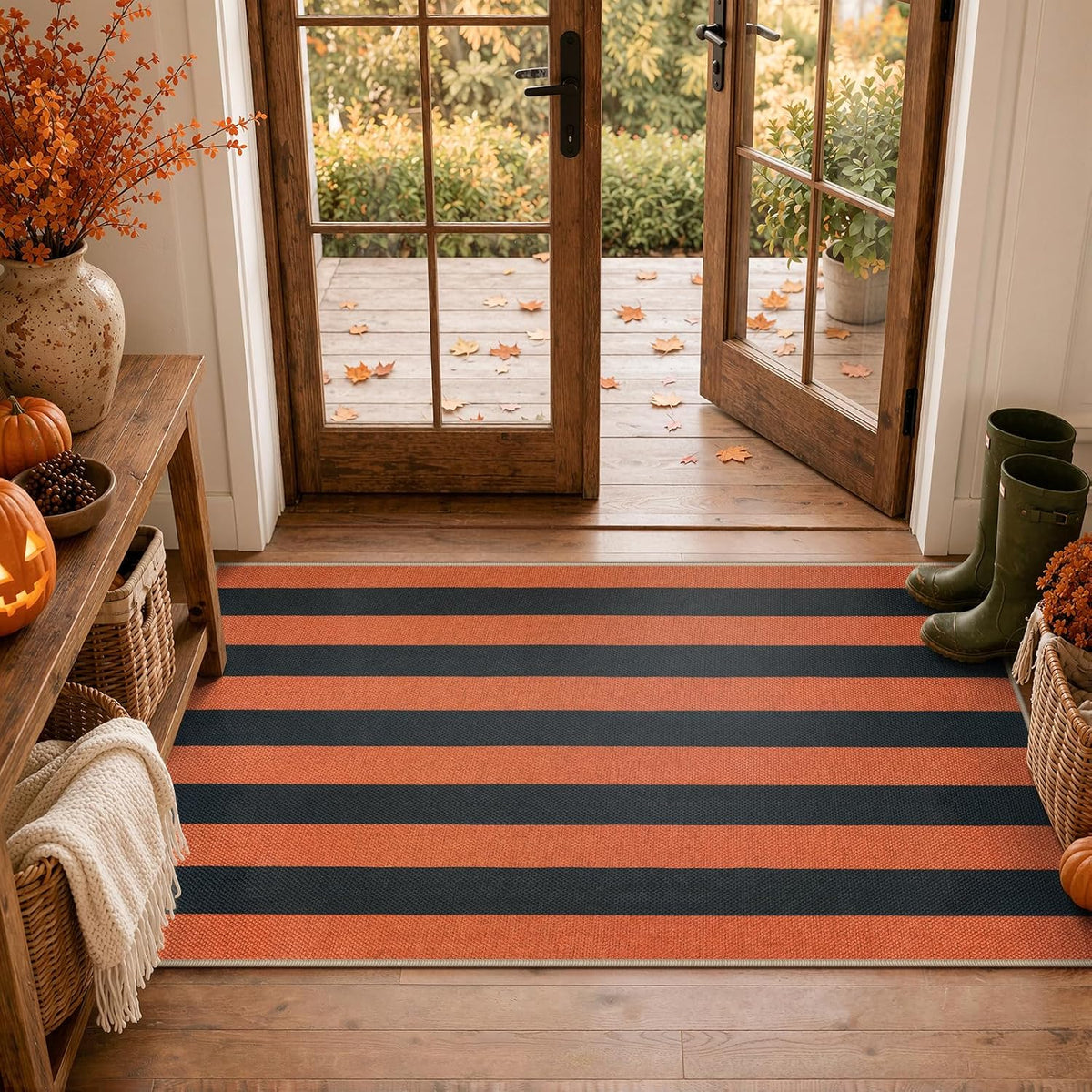 Lahome Striped Fall Outdoor Rug, 3x5 Washable Porch Decor Rug, Orange Black