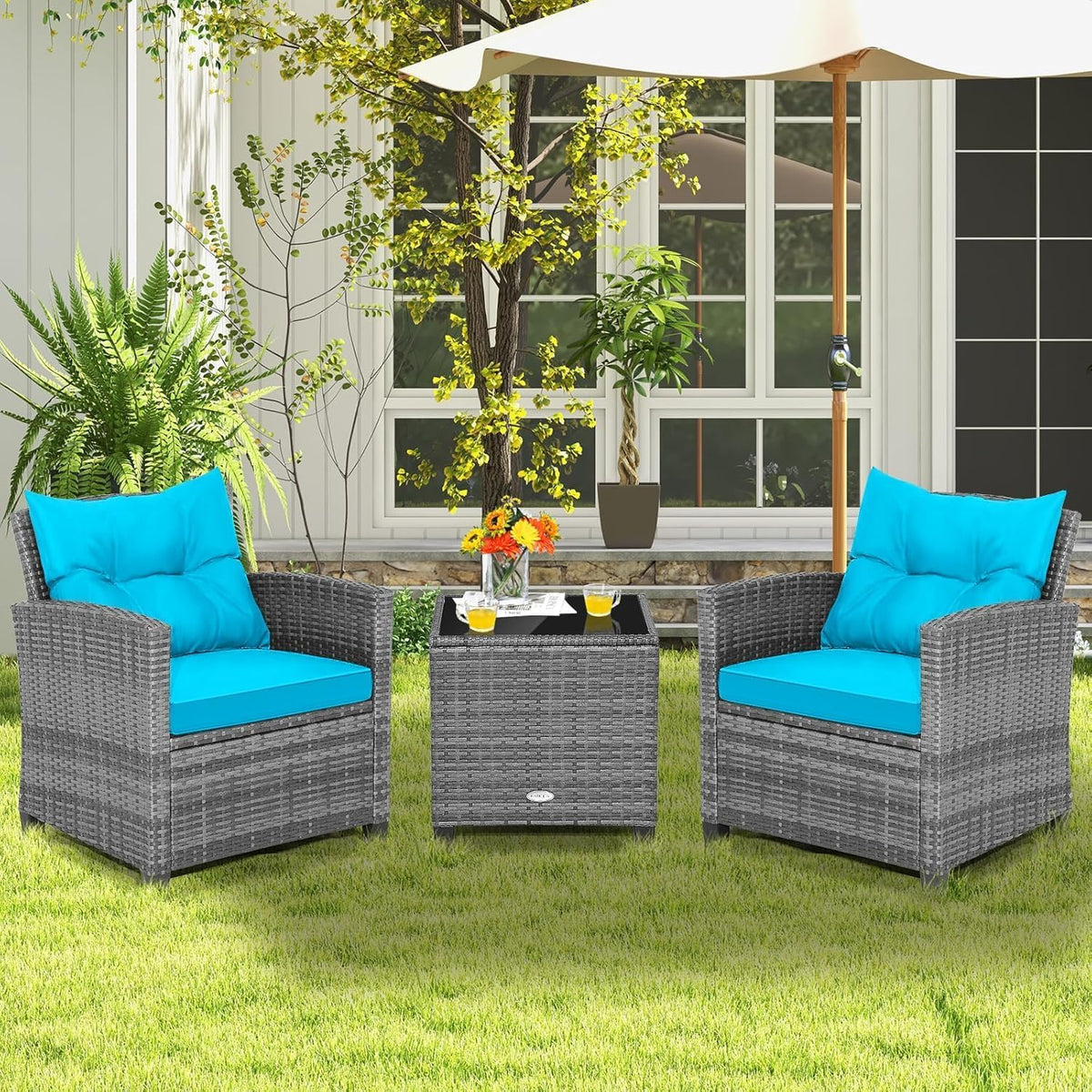 LDAILY Patio Furniture Set, 3 Pieces PE Rattan Wicker Patio Sofa Chairs with Washable Cushion & Glass Table, Outdoor Furniture Conversation Sets for Porch, Balcony, Garden, Poolside (Turquoise)