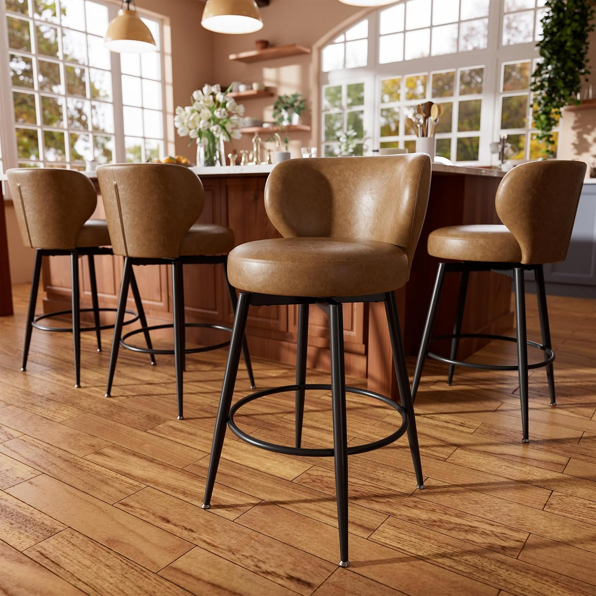 26" Brown Bar Stools Set of 4, Swivel Kitchen Island Chairs
