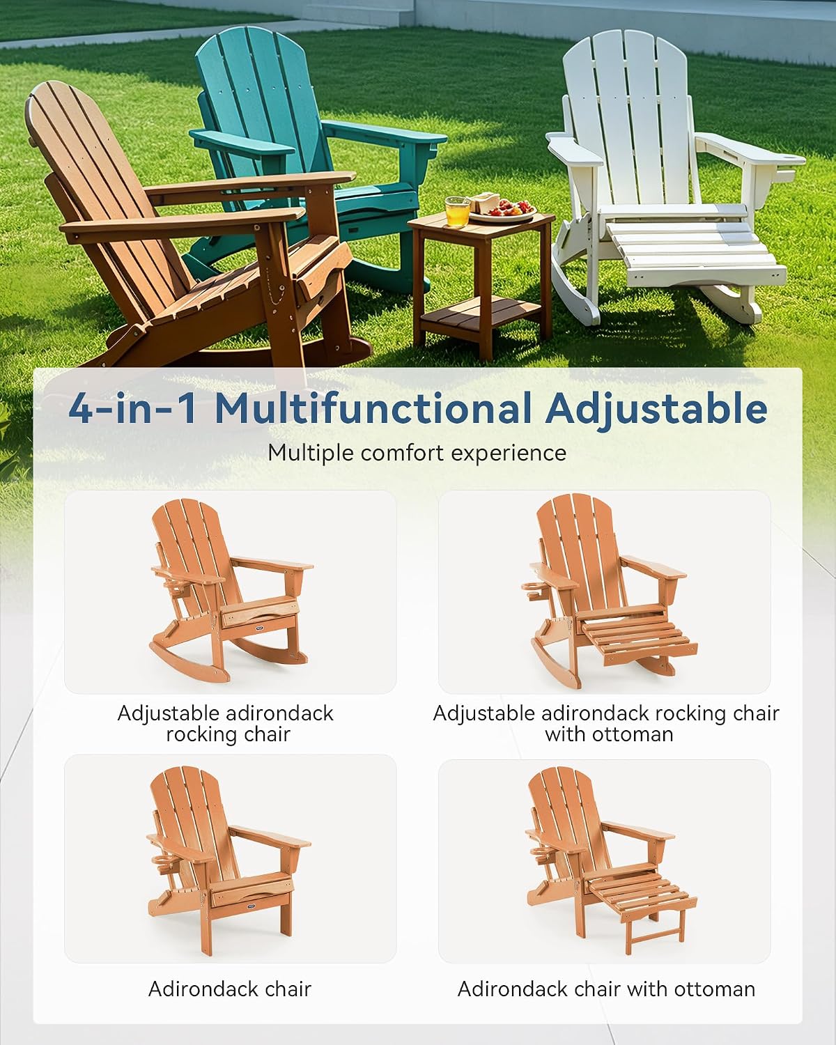 Adjustable Adirondack Rocking Chair with Retractable Ottoman, 4-in-1 Multifunctional Folding Patio Chair with Cup Holder, Outdoor Chair Wood Texture for Lawn,Porch, Backyard,Teak