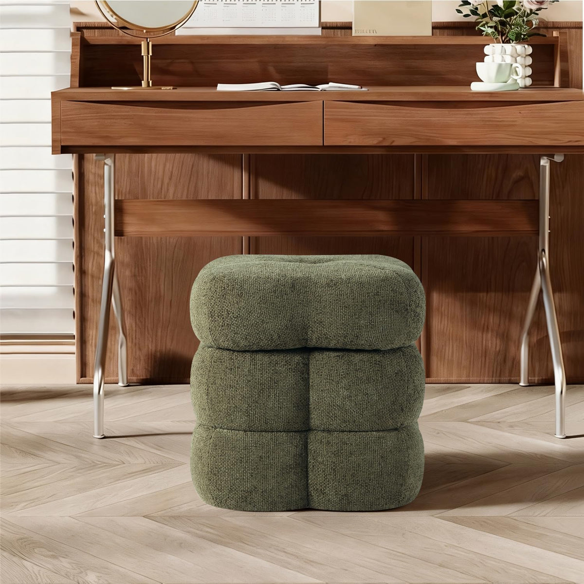 Get Set Style 360° Swivel Flower Ottoman, Linen Vanity Stool Footrest with 300LBS Capacity, No Assembly Small Space Accent Chair for Living Room Bedroom Entryway (Olive Green)
