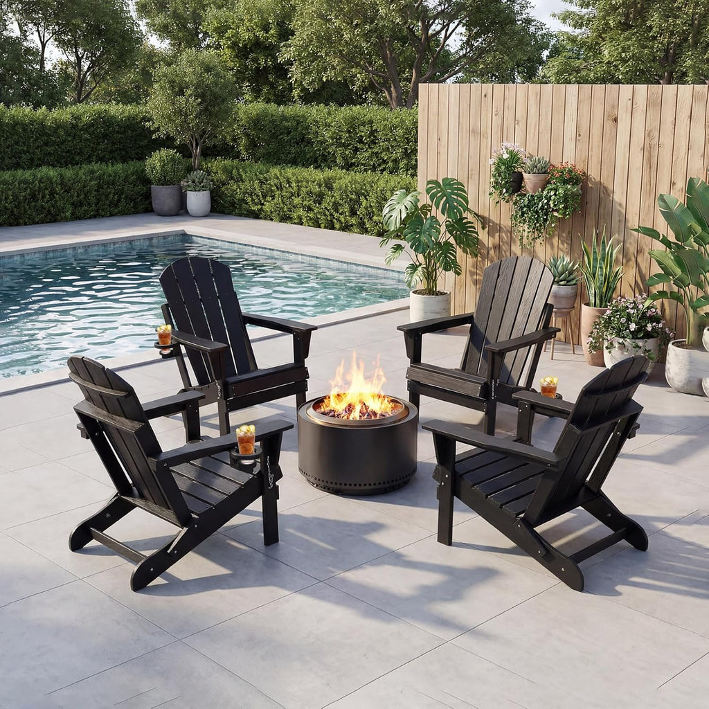 HDPE Folding Adirondack Chair, Outdoor Patio Chair with Cup Holder, Weather Resistant Wood Grain Lawn Chair for Backyard, Garden, Fire Pit, Deck, Black