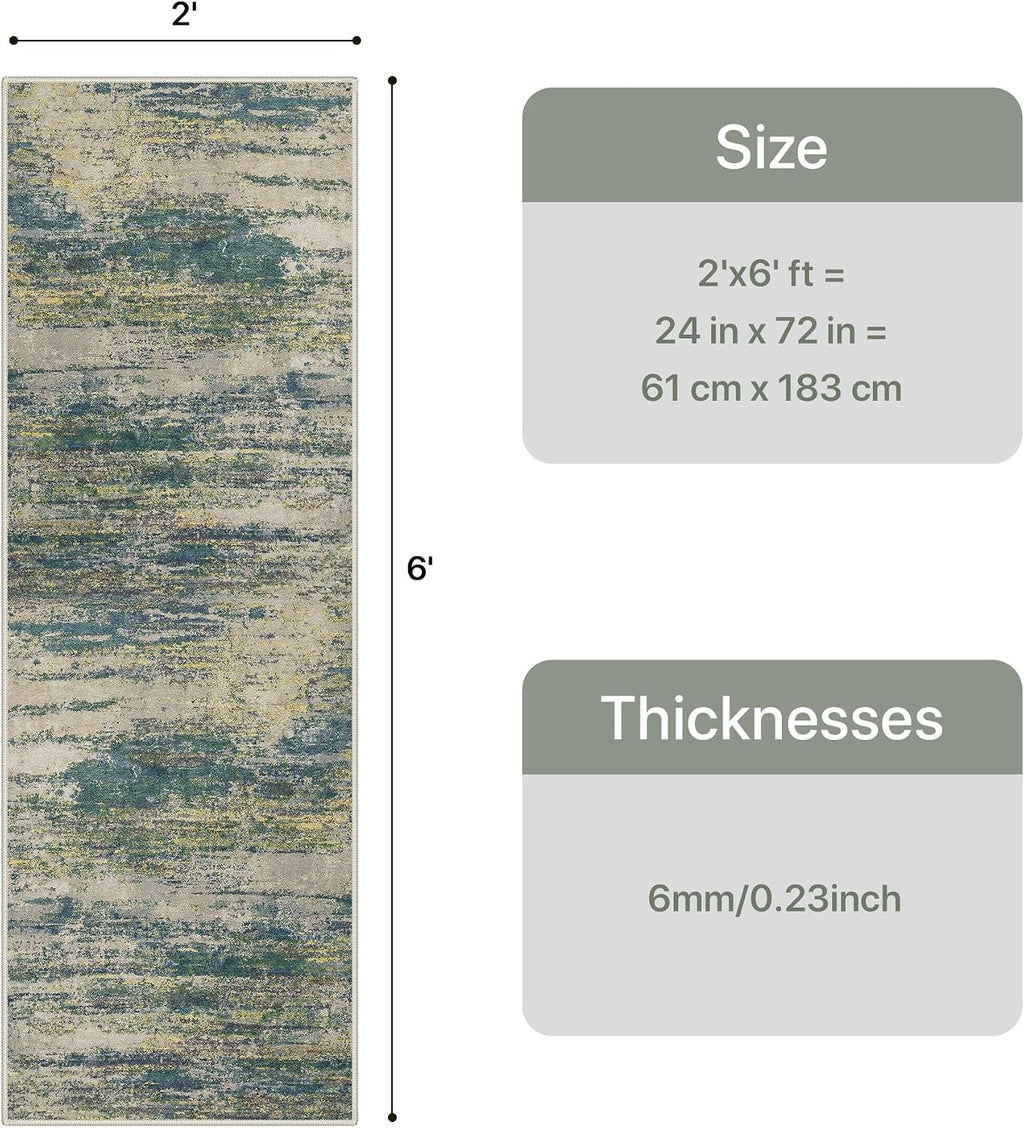 GENIMO 2x6 Runner Rug, Washable Non-Slip Abstract Rug, Sage Oatmeal