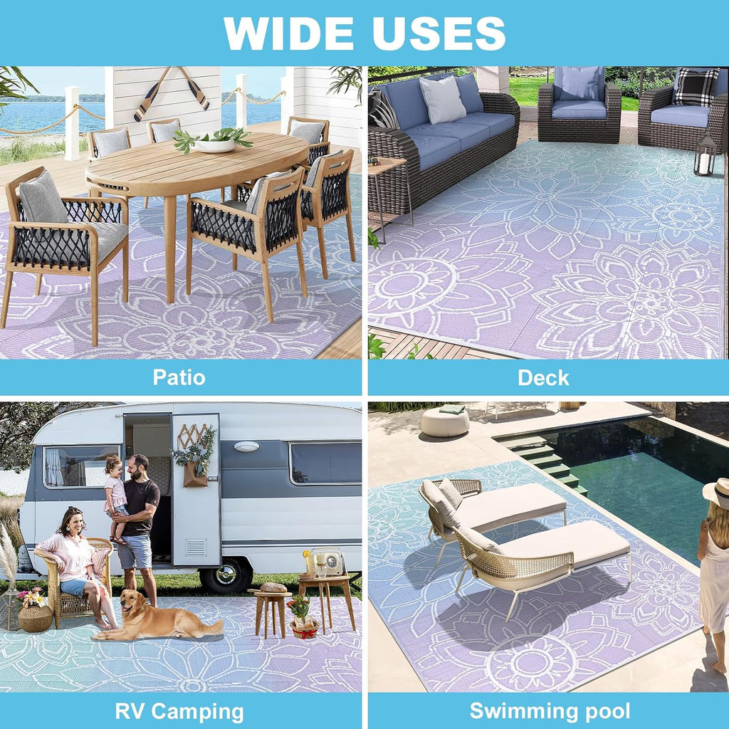 LOKHOM Outdoor Rug for Patio 6x9 ft Reversible Plastic Straw Patio Camping Rug, Floral Waterproof RV Mat for Camper Indoor Outdoor Carpet for Deck Porch Picnic Beach Balcony Backyard, Blue-Purple