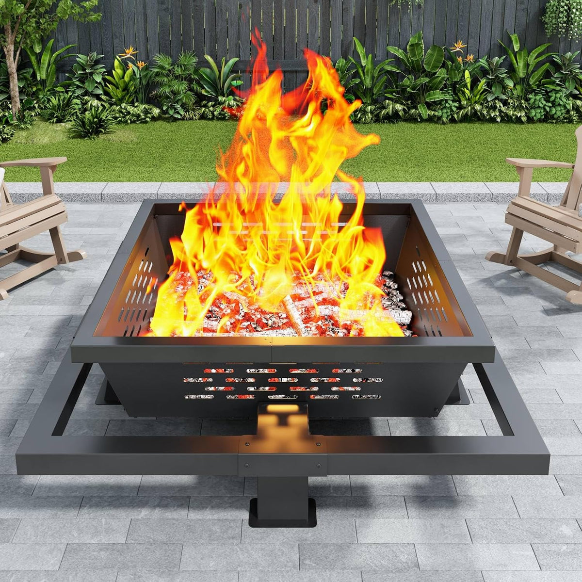 47" Large Fire Pit, Square Outdoor Fire Pit with Poker, Wood Burning FirePit for Camping, Backyard, Patio