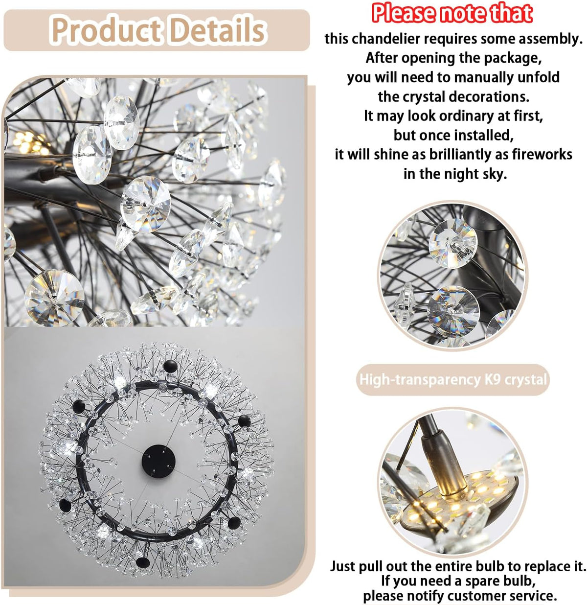 ykolupty 8-Light Dandelion Black Chandelier for Dining Room, Sputnik Pendant Light Fixture with Remote Control, 24 inches Modern Crystal Chandelier Living Room, Kitchen, Restaurant