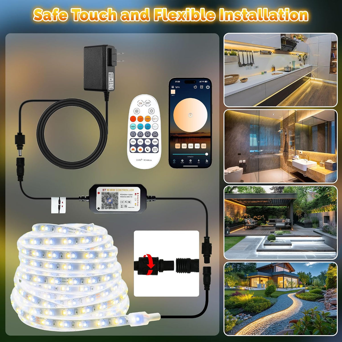 100FT Outdoor LED Strip Lights Waterproof IP67, Dimmable 3000K-6500K Warm White LED Rope Lights Outdoor Waterproof with Remote & APP, 24v Adhesive Exterior Lighting for Patio, Deck, Gazebo