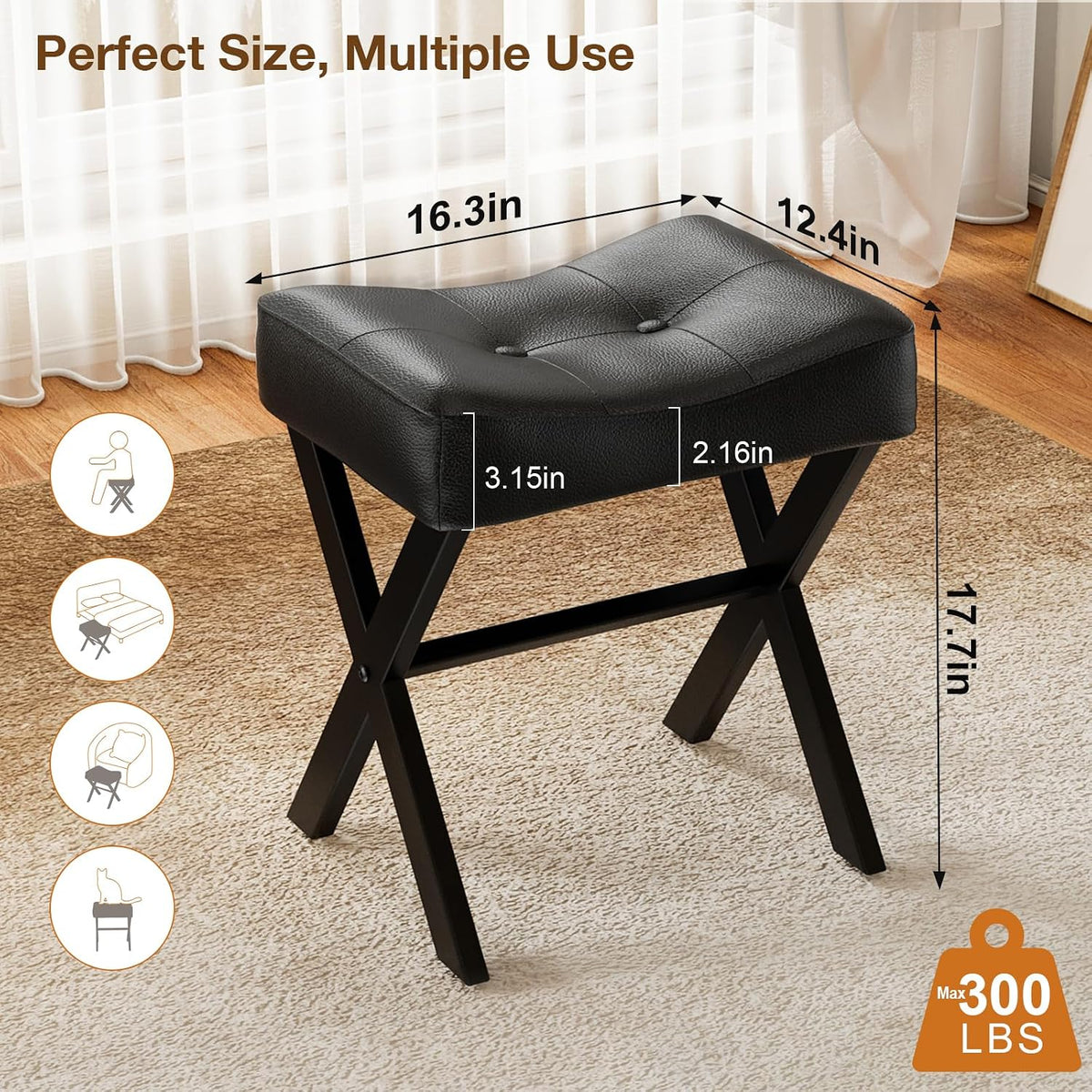 Memobarco 18-Inch Leather Vanity Stool Chair, Black