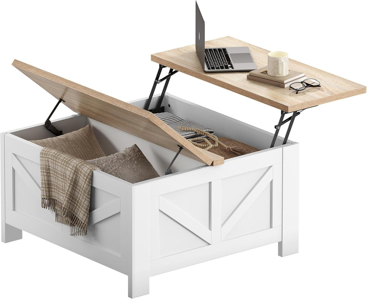 Yaheetech 31.5" Square Lift Top Coffee Table with Storage, White&Light Oak