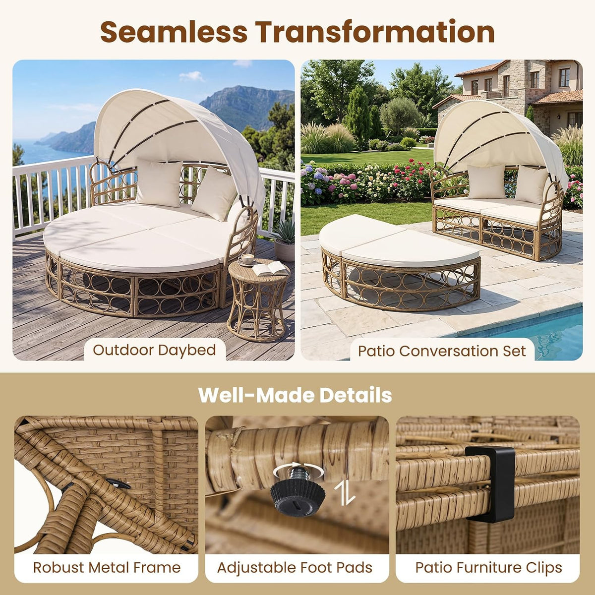 Tangkula Round Outdoor Patio Daybed with Retractable Canopy & Cushions