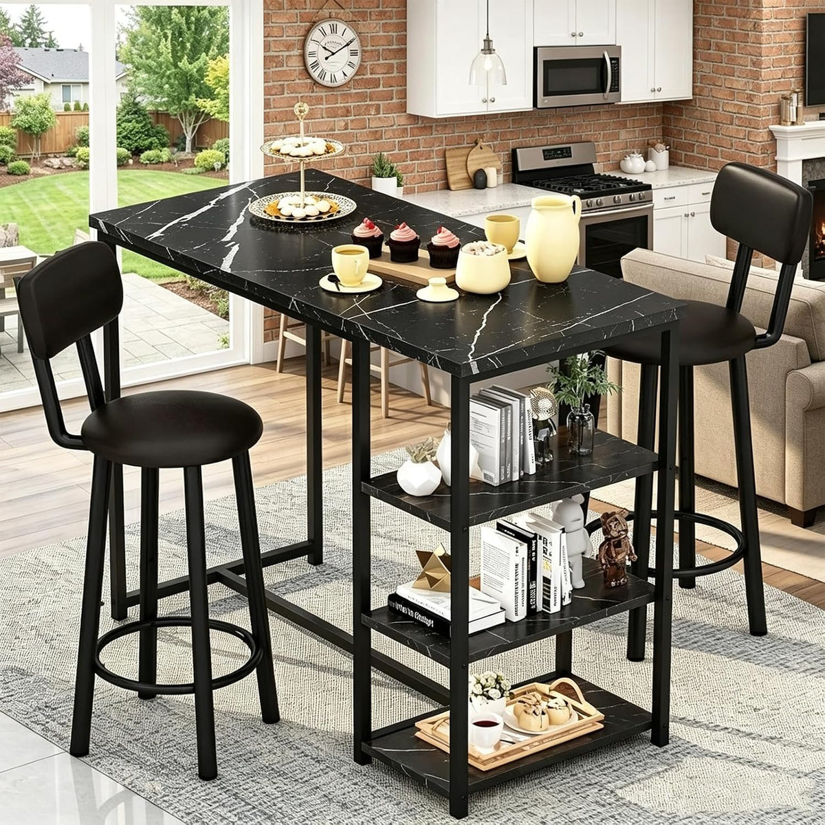 Recaceik Pub Dining Table Set for 2, Table and Bar Stools with 3 Storage Shelves, MDF Board & PU Leather Backrest Chairs, 3 Piece Dining Set for Small Space, Apartment, Kitchen Island, Black