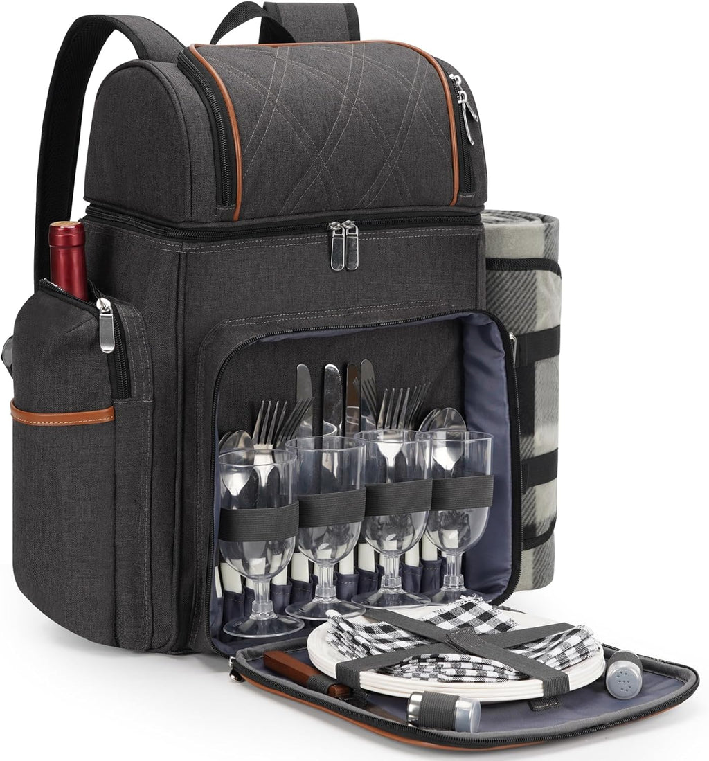 Picnic Backpack for 4, Insulated Cooler Bag with Blanket, Brown