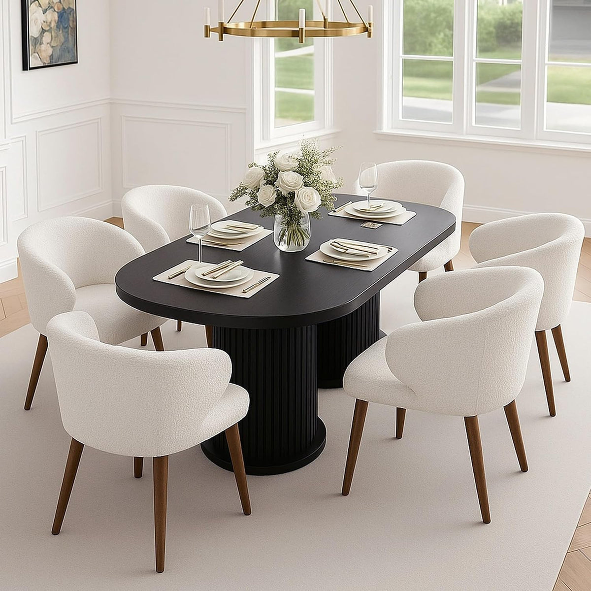 HNY Mid Century Modern Sherpa Boucle Dining Chairs Set of 6, Upholstered Curved Wingback Accent Arm Chairs Side Chairs with Solid Wood Legs, White