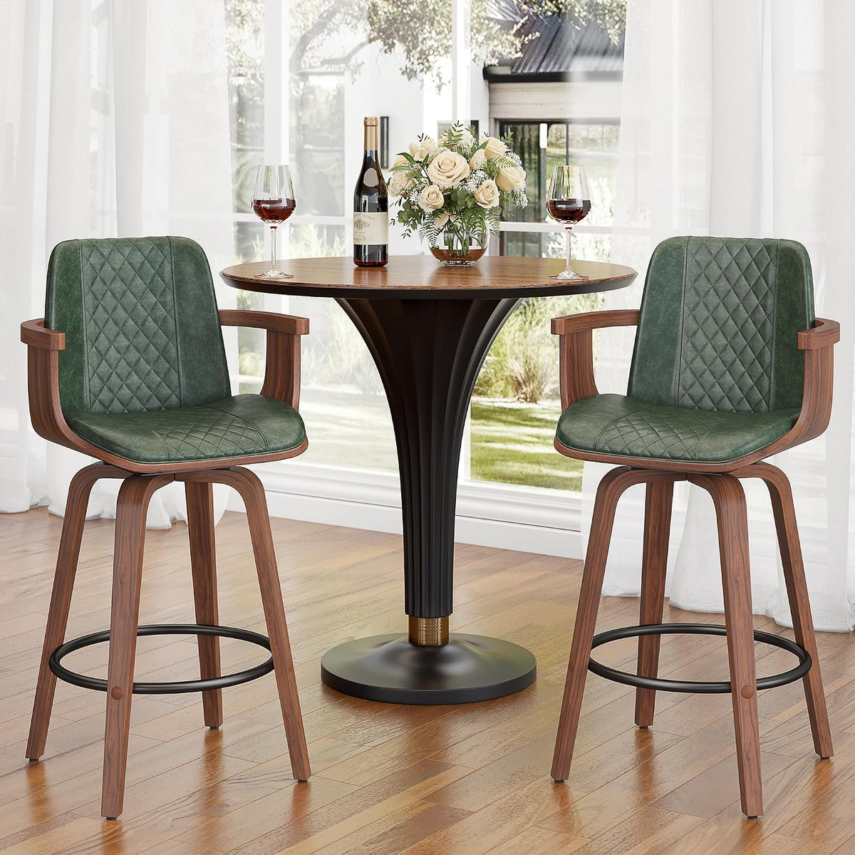 YaFiti Bar Stools Set of 2, 26" Bentwood Counter Stools with Arms, Green