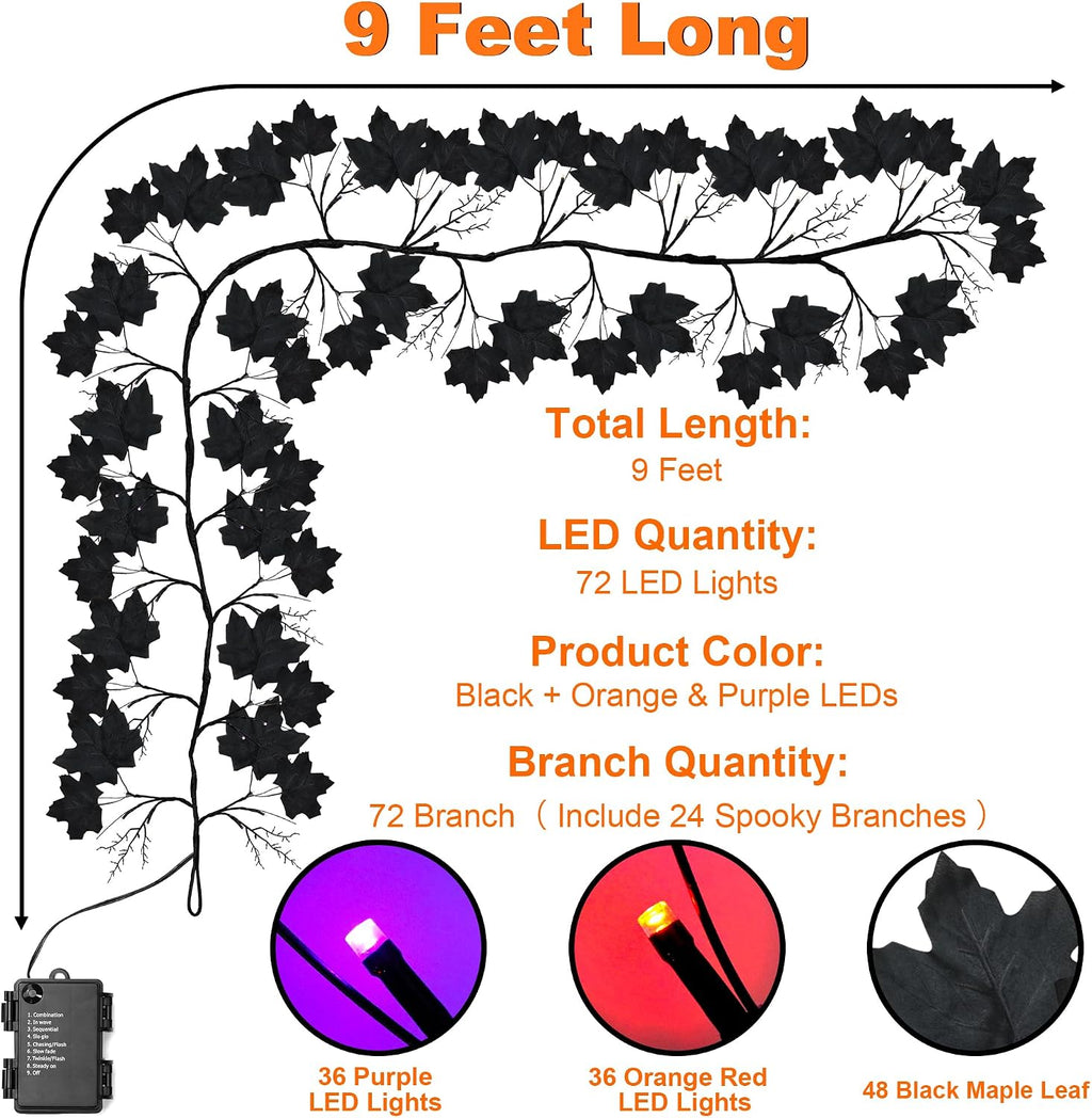 FLYSNK 9 FT 72 LED Halloween Willow Vine Twig Decorations With Orange & Purple Lights - 8 Modes & Timer - Battery Operated Garland for Indoor Mantle Fireplace Home Decor
