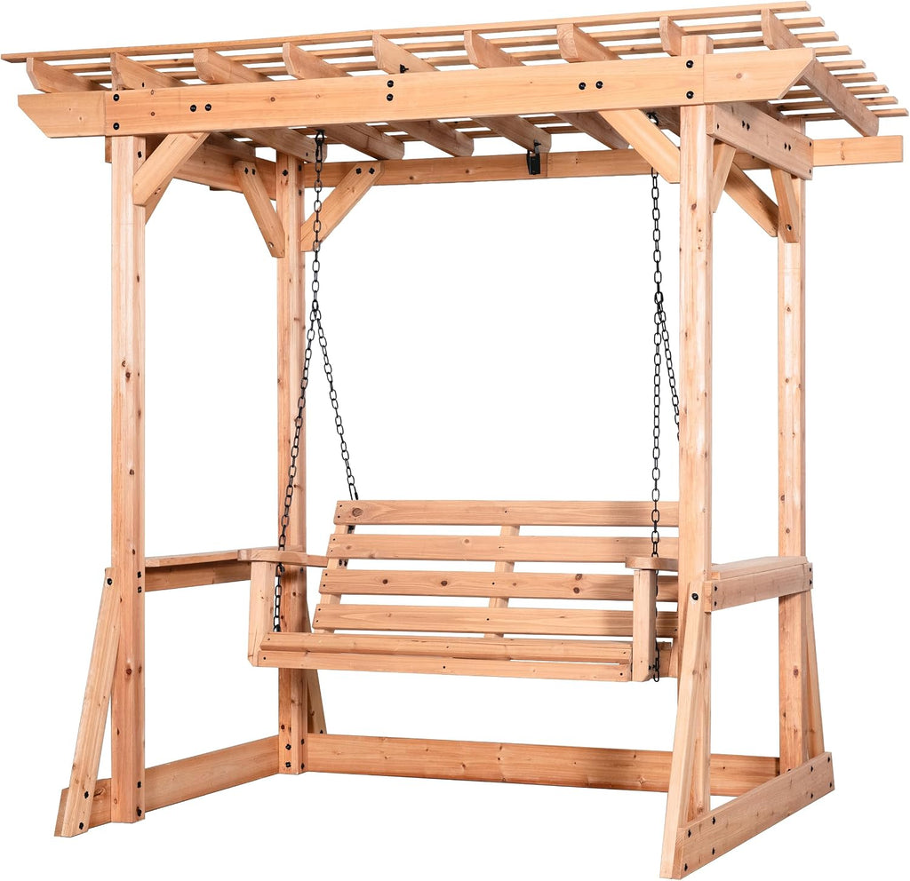 Backyard Discovery Callahan 8' x 5' Cedar Wood Outdoor Patio Pergola Swing Bench with Trellis, Two-Person Seating, Chains, Water Resistance, 600 Lb Weight Capacity for Porch, Patio, Deck, Garden
