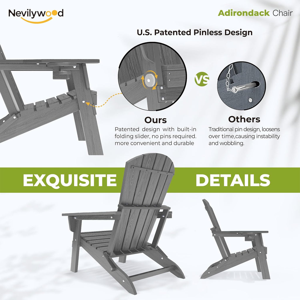 nevilywood Folding Adirondack Chair, HDPE Ergonomic Cup Holder, Gray