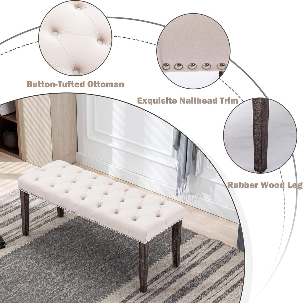 KCC Button-Tufted Ottoman Bench, Upholstered Velvet Bedroom Benches,Beige