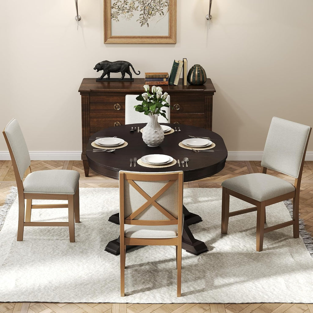 Upholstered Dining Chairs Set of 6 Farmhouse Kitchen Chairs with Cross Back Armless Wooden Side Chairs for Dining Room, Living Room, Reception (Grey Linen + Brown Frame)