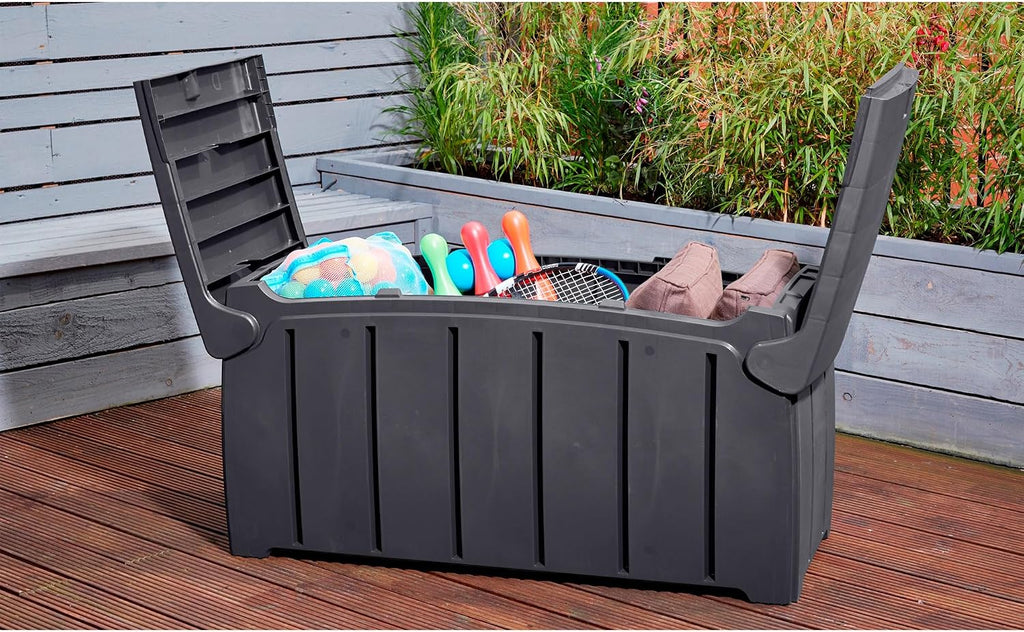 Ward Strata Outdoor Storage Bin, Hinged Lid, Black, 85 Gal
