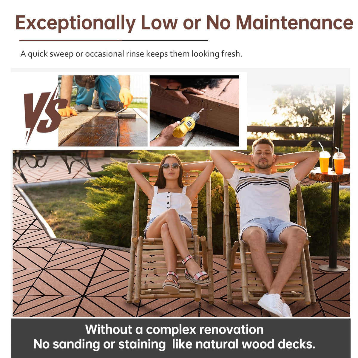 EchoDeck Interlocking Deck Tiles,54 Pack Deck Tiles Interlocking Outdoor All Weather,Patio Deck Tiles,12"x12",Diagonal,Sturdy Base,Highly Durable,Stylish,Non-Slip,Faster-Drying,Efficient,Brown