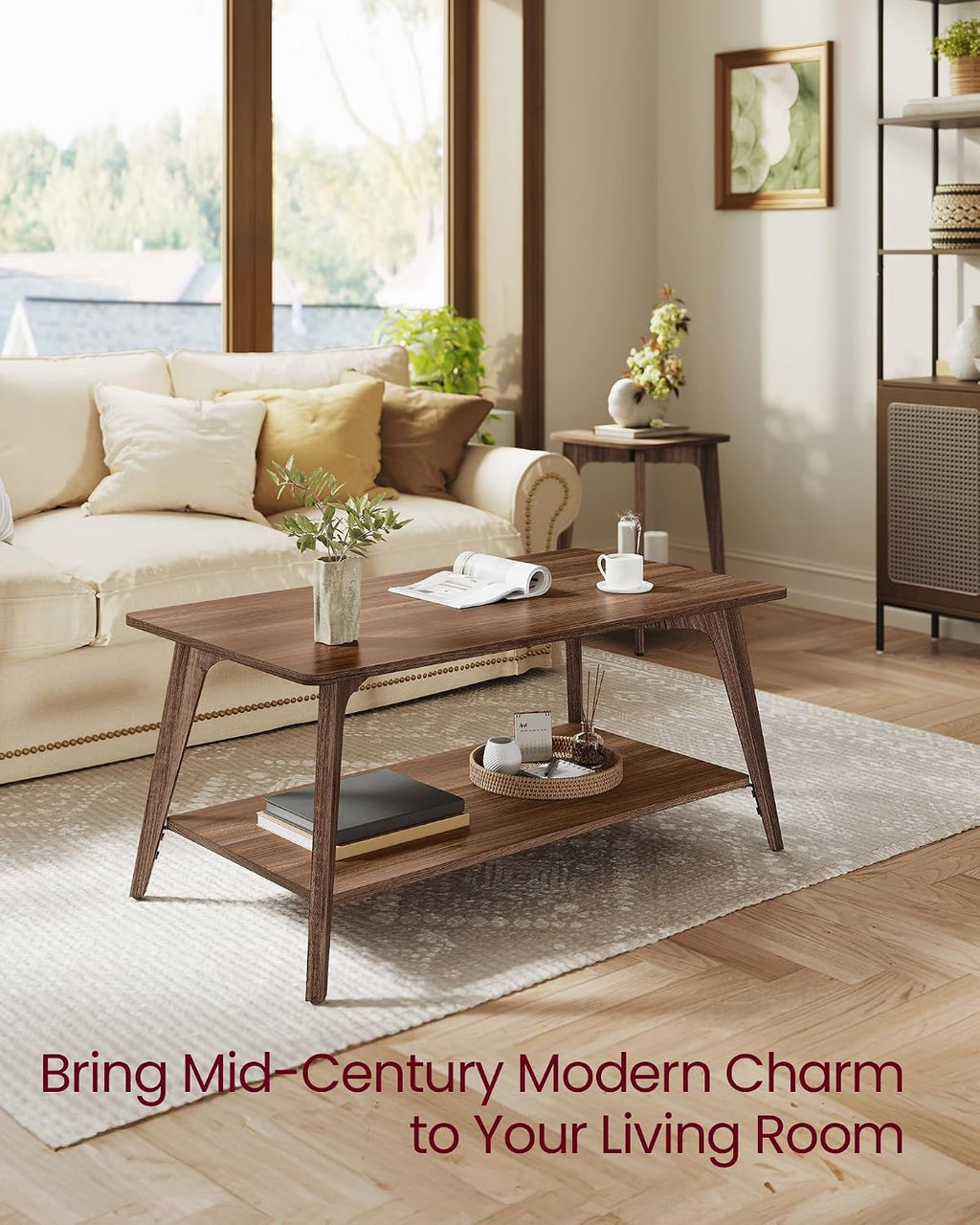 VASAGLE Coffee Table, 2-Tier Center Table with Storage, Tapered Legs