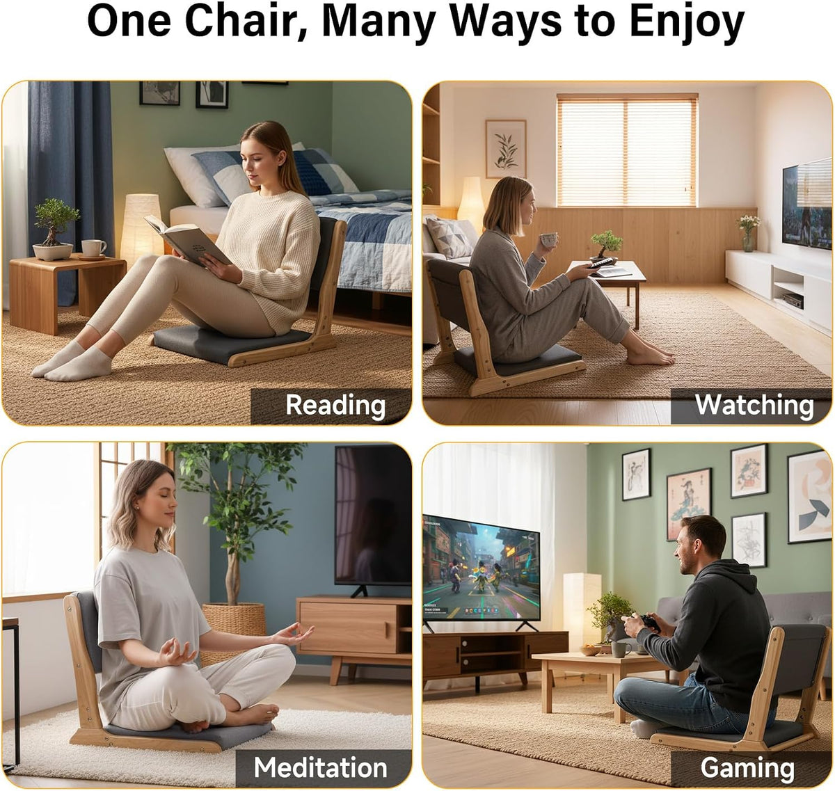 Tiita 2-Pack Foldable Meditation Floor Chairs, Back Support, Wood Dark Grey