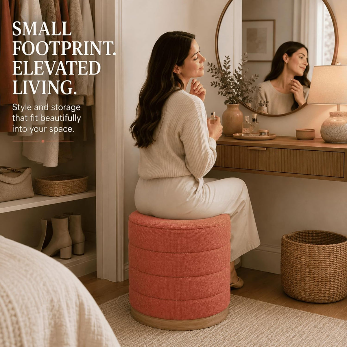 Linen Storage Ottoman Round Footrest with Hidden Storage, Coral Orange 16" L X16 W X 17" H