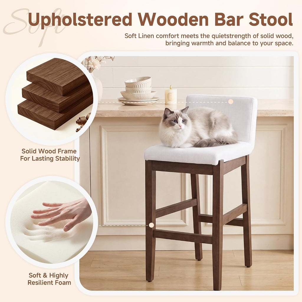 Bar Stools Set of 2, Counter Height Bar Stools with Backs, Comfortable Linen Upholstered Farmhouse Kitchen Island Stools, Barstools for Home Bar & Kitchen Counter, Beige