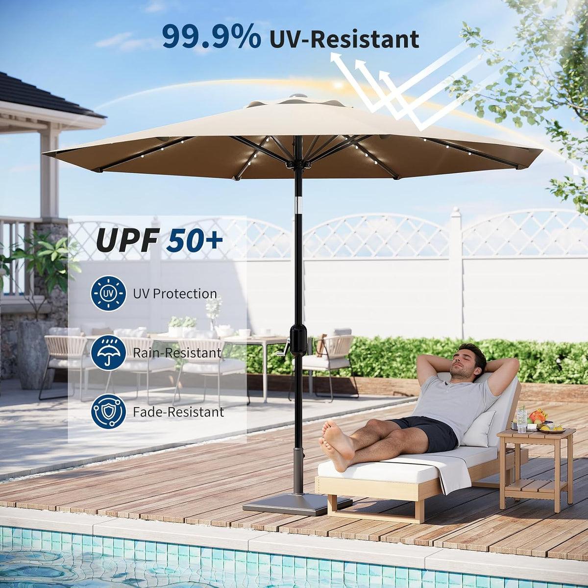 Garvee patio Umbrella with Solar Lights, Outdoor Table Umbrella with 8 Durable Ribs, Tilt & Crank Mechanism, Waterproof & UV Protection for Garden, Backyard, Poolside,
